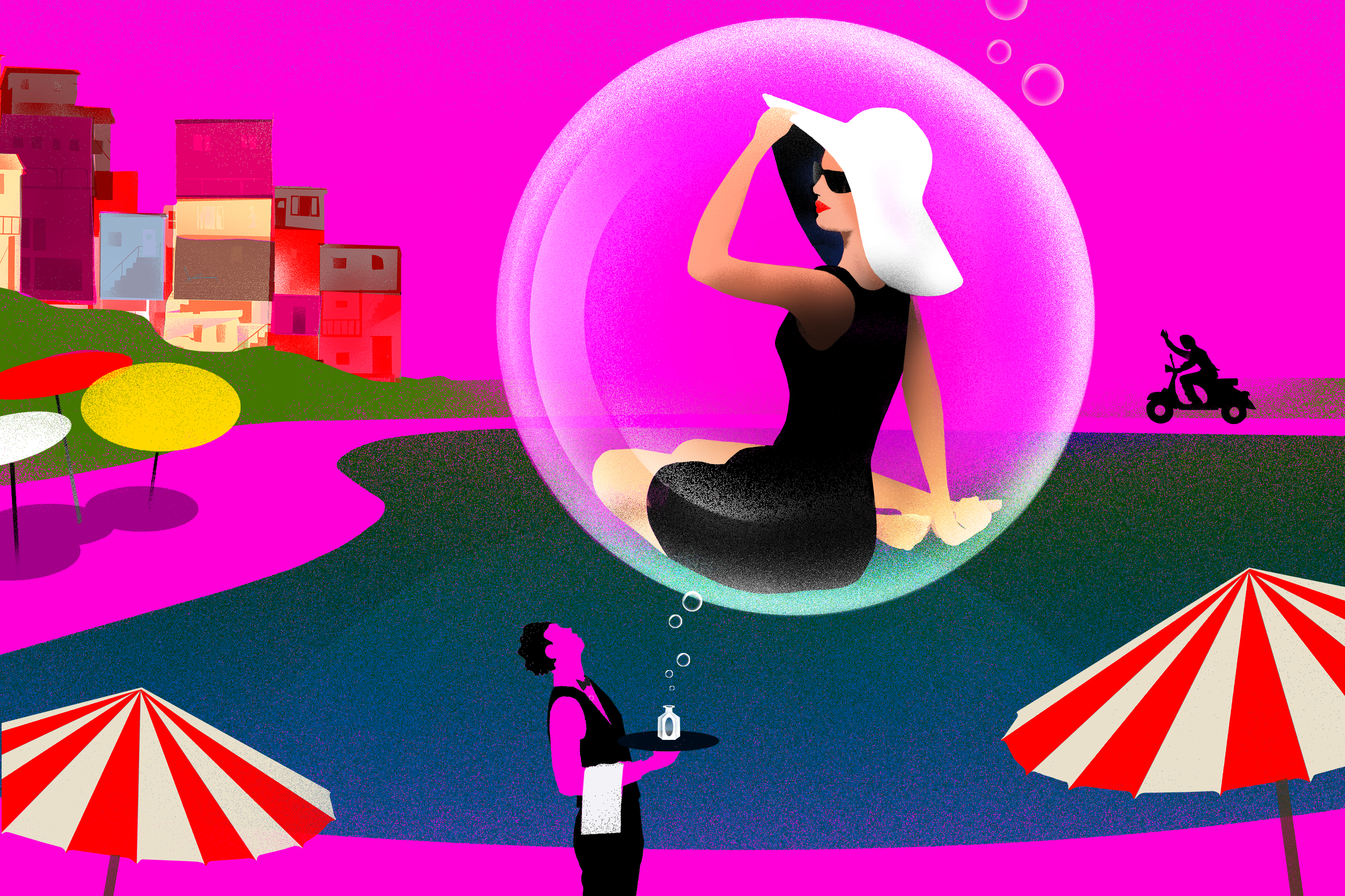 The Elixir of Love graphic of a woman in a beach hat encapsulated in a bubble coming from a bottle on the waiters tray. In the background are beach umbrellas, buildings and a person riding a motorcycle.