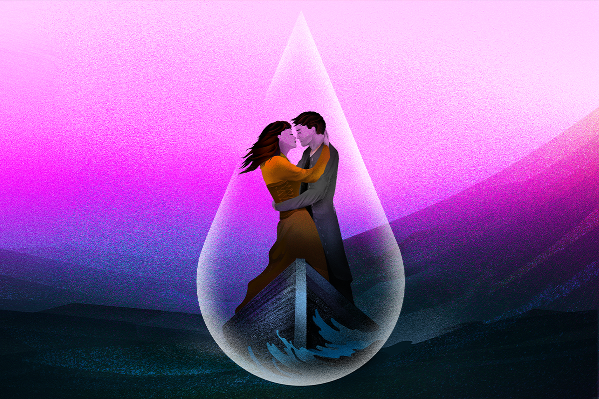 Tristan and Isolde graphic showing them in an embrace within a droplet of water.