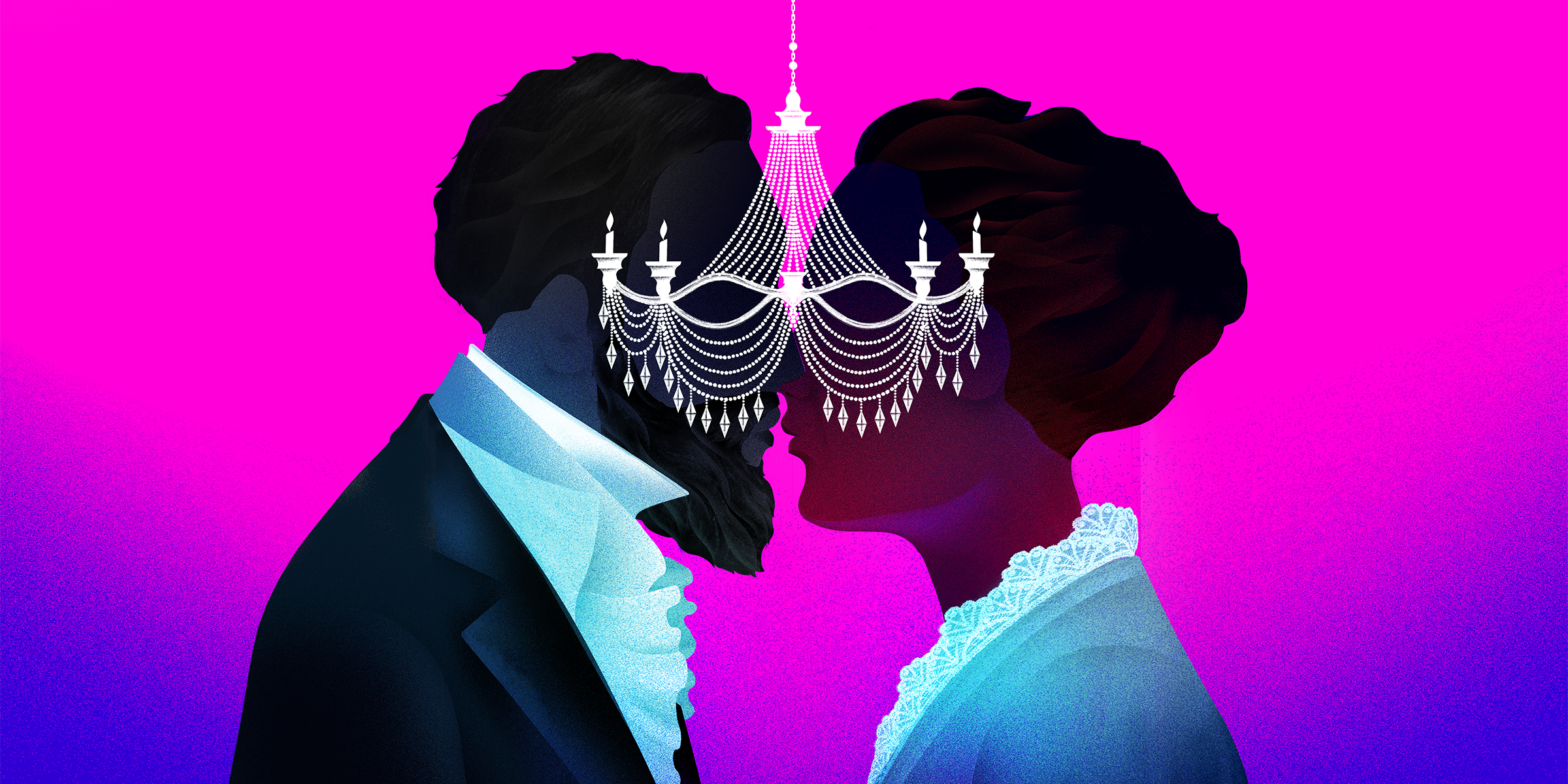 Graphic silhouette of a man and woman kissing with a chandelier forming masks over both of their eyes